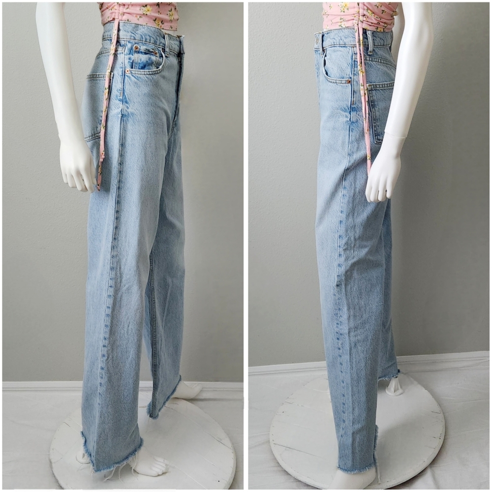 Zara The 90s Full Length High Waisted Jeans With A Loose Leg & Raw Hem, Size 2 - Picture 3 of 16